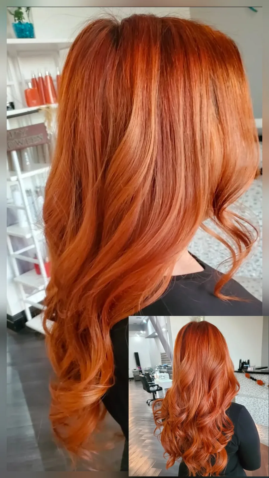 Long copper balayage hair styled in soft waves, colored and styled at Beauty Lounge.